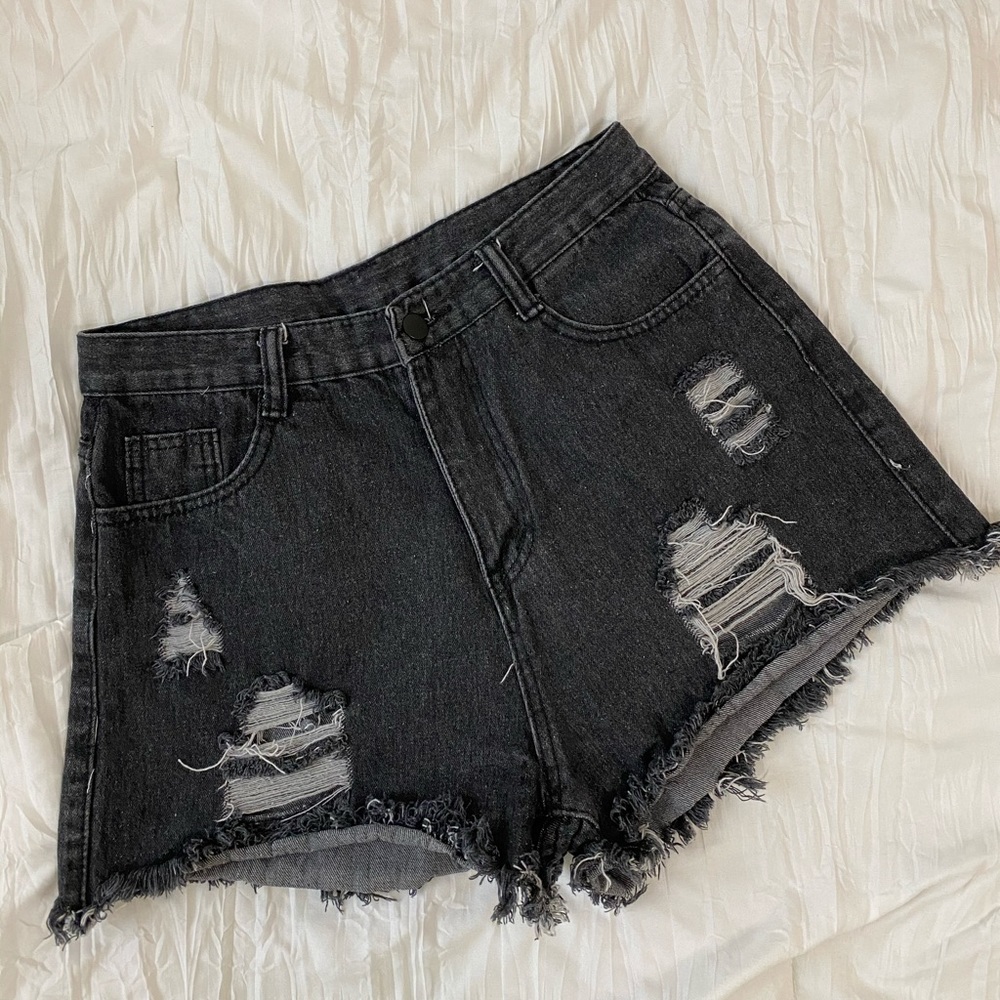 Black High-Waisted Distressed Jean Shorts